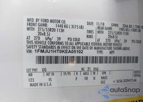 2019 Ford Expedition Xlt z USA, uszkodzony, nr VIN 1FMJU1HT0KEA05102